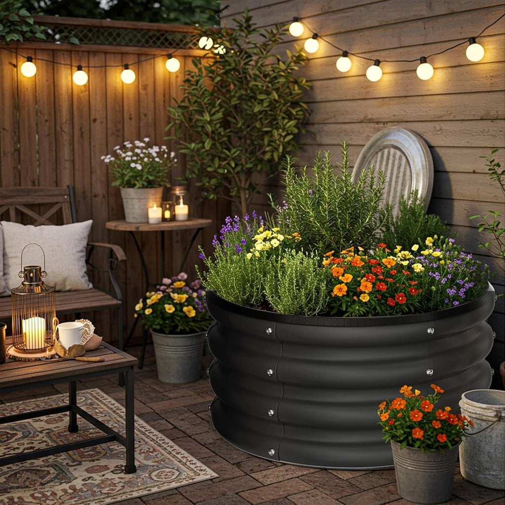 Round Galvanized Raised Garden Bed kit, Blue Outdoor Garden Raised Planter Box, Round Large Metal Raised Garden Beds for Vegetable 2 * 2 * 1ft 1 Pack