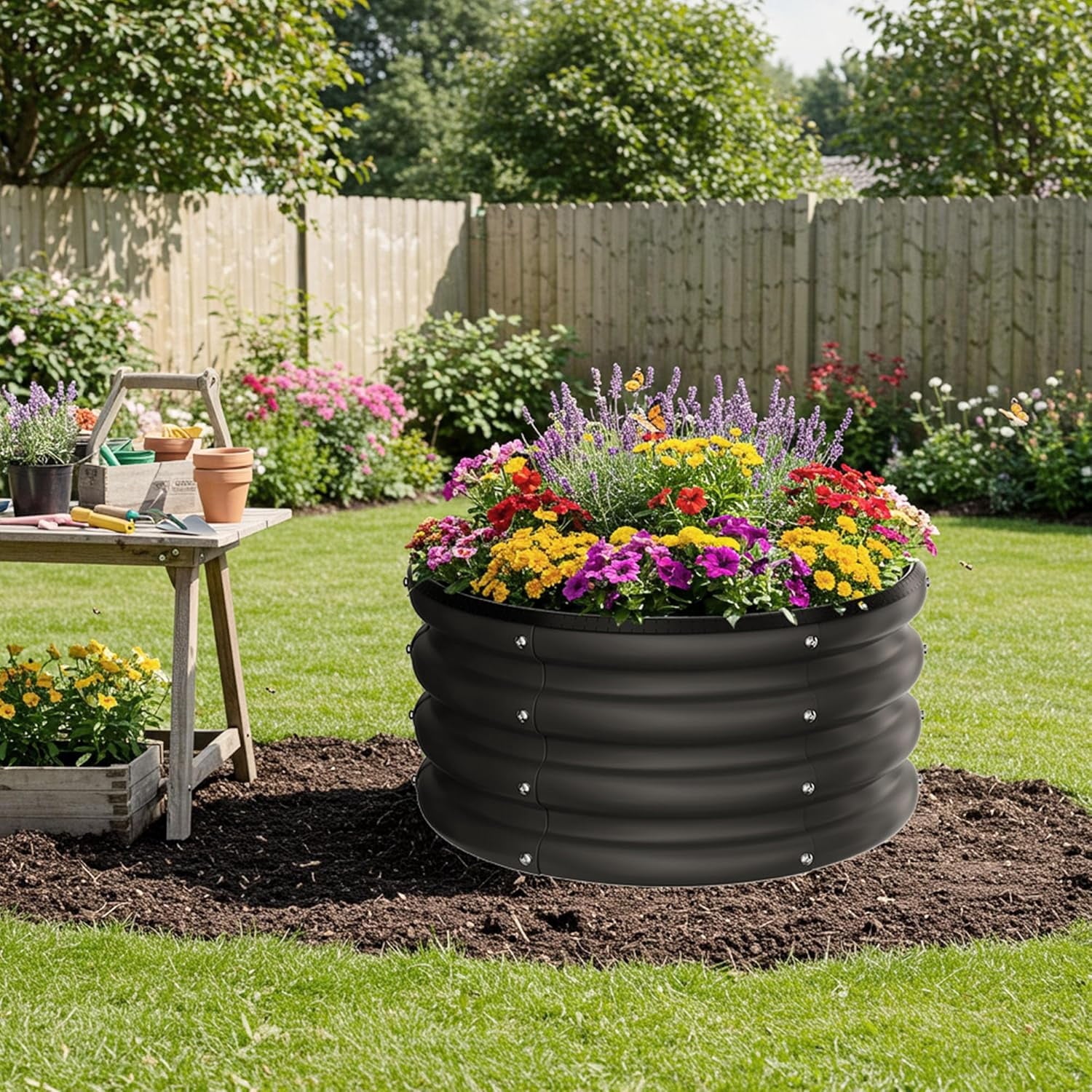 Round Galvanized Raised Garden Bed kit, Blue Outdoor Garden Raised Planter Box, Round Large Metal Raised Garden Beds for Vegetable 2 * 2 * 1ft 1 Pack