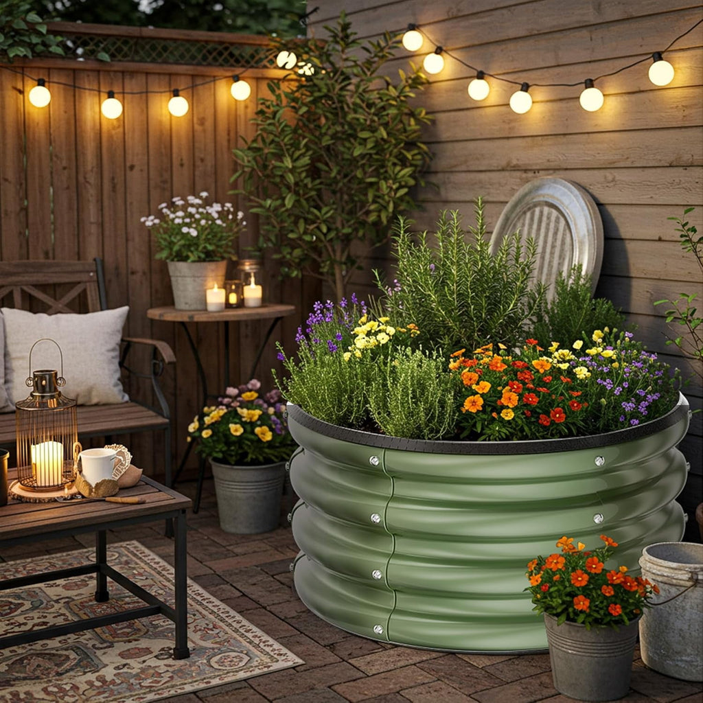 Round Galvanized Raised Garden Bed kit, Blue Outdoor Garden Raised Planter Box, Round Large Metal Raised Garden Beds for Vegetable 2 * 2 * 1ft 1 Pack