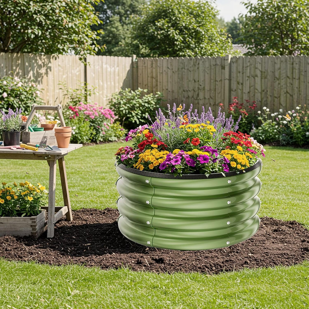 Round Galvanized Raised Garden Bed kit, Blue Outdoor Garden Raised Planter Box, Round Large Metal Raised Garden Beds for Vegetable 2 * 2 * 1ft 1 Pack