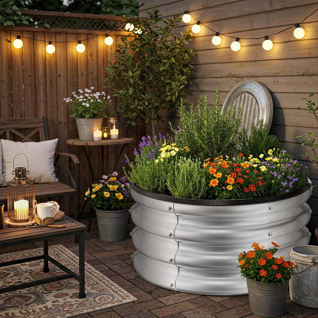 Round Galvanized Raised Garden Bed kit, Blue Outdoor Garden Raised Planter Box, Round Large Metal Raised Garden Beds for Vegetable 2 * 2 * 1ft 1 Pack