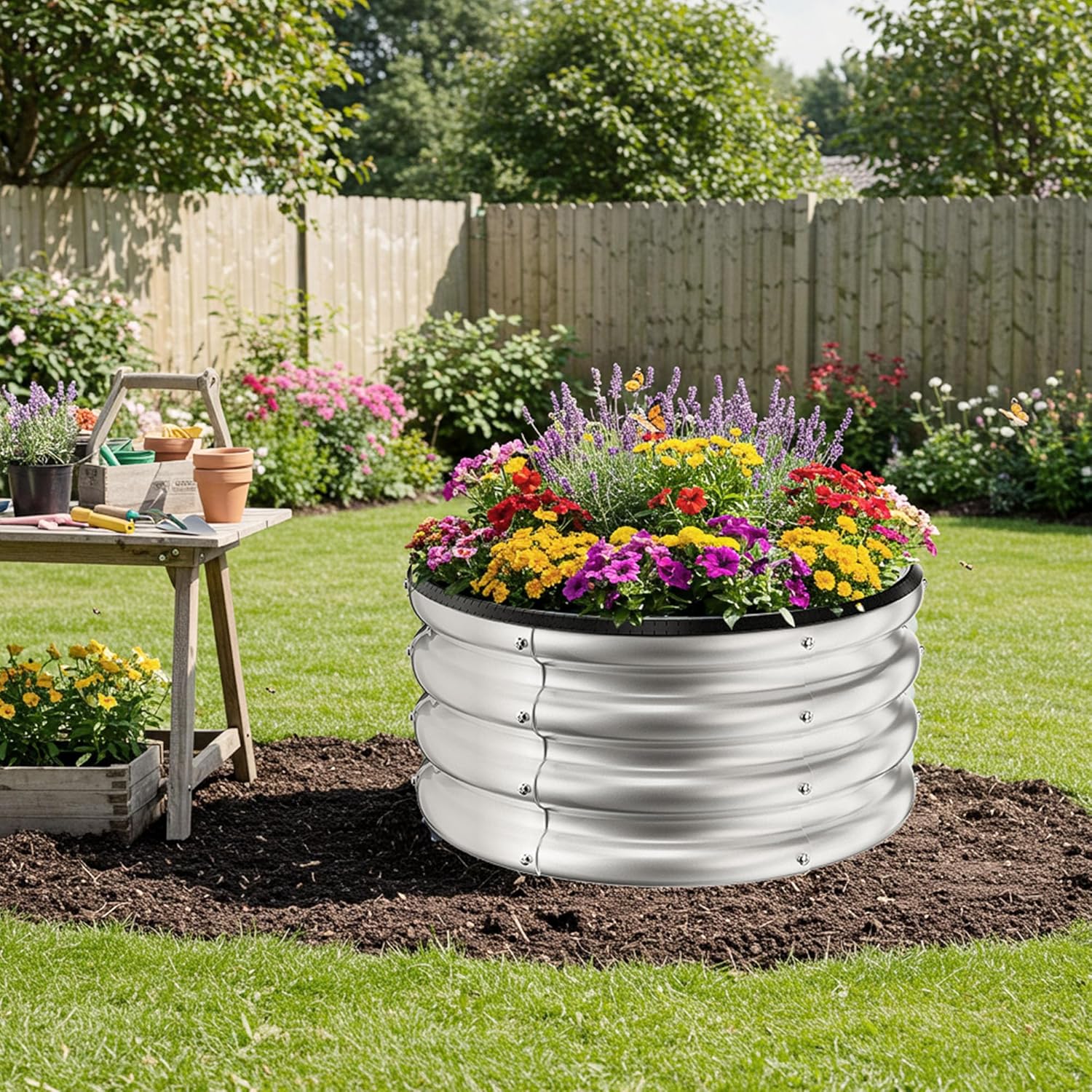 Round Galvanized Raised Garden Bed kit, Blue Outdoor Garden Raised Planter Box, Round Large Metal Raised Garden Beds for Vegetable 2 * 2 * 1ft 1 Pack