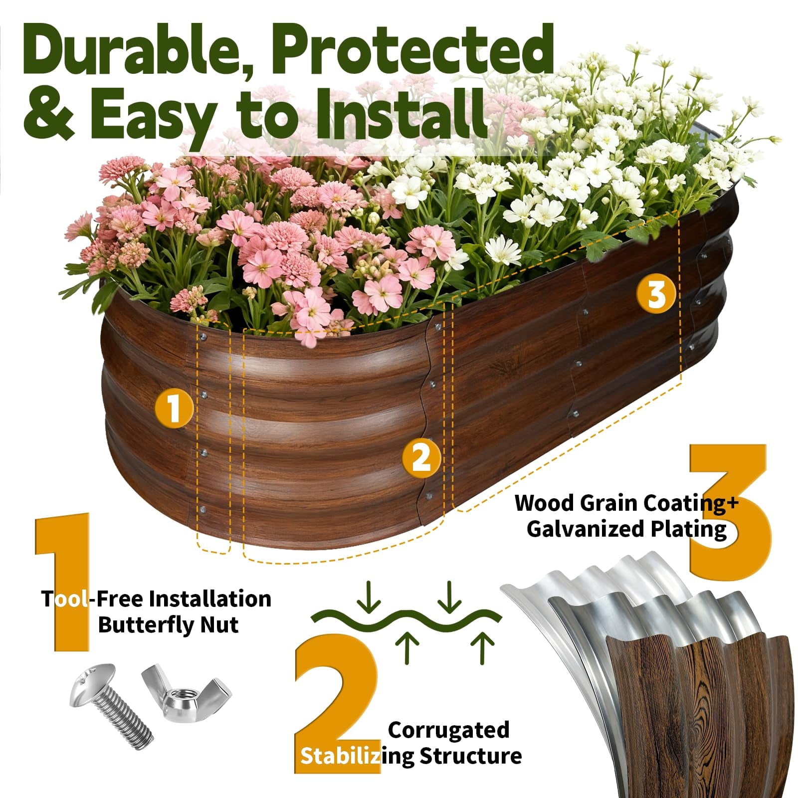 Galvanized Raised Garden Bed Outdoor, Large 4x2x1ft Oval Metal Planter Box for Vegetables, Fruits, Flowers with Dark Brown Wood Grain Texture