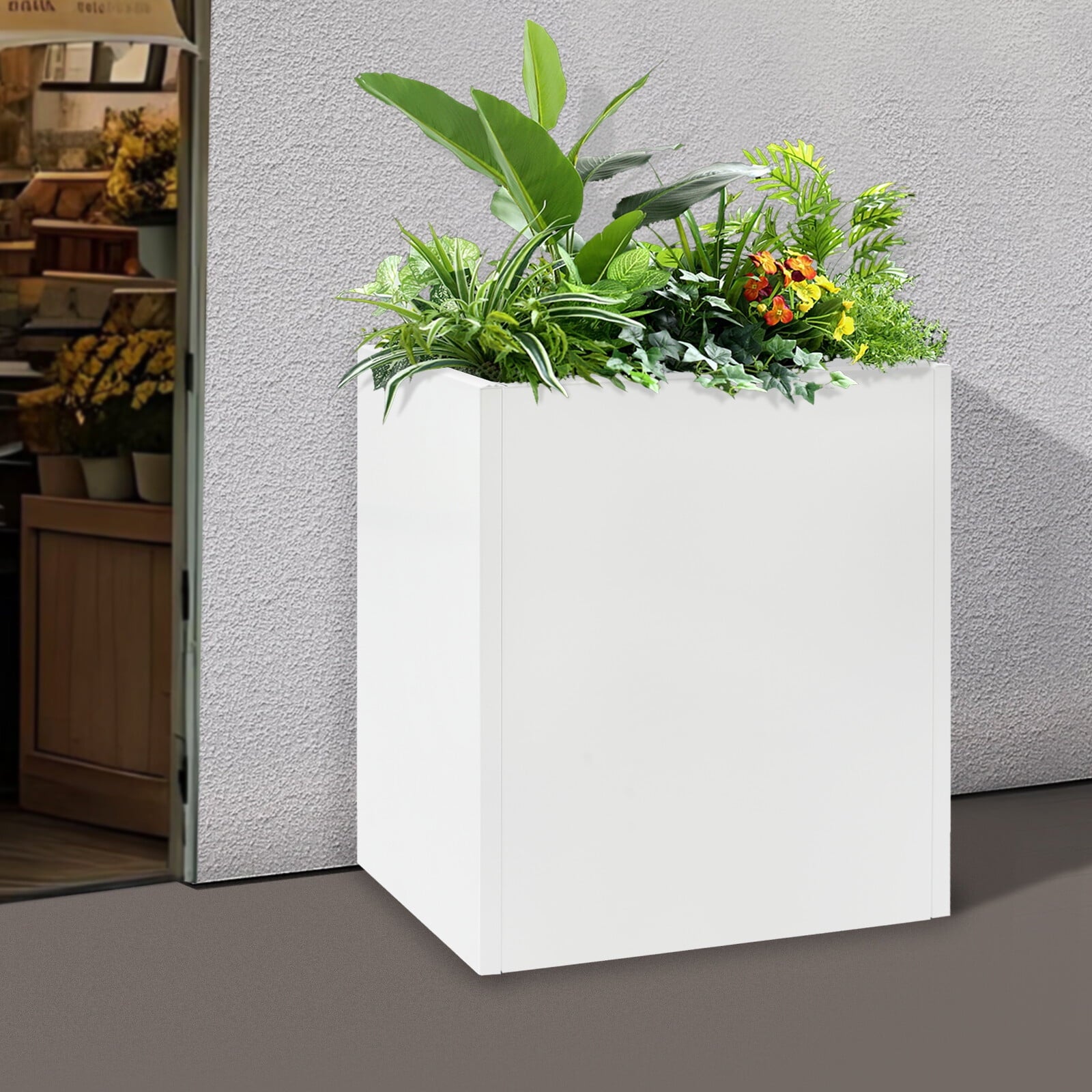 Tall Metal Planter Box for Outdoor/Indoor Use, 24*10*24 Inches Large Rectangular Flowerpot With Practical Tool, Free Standing for Office and Gardens (White)