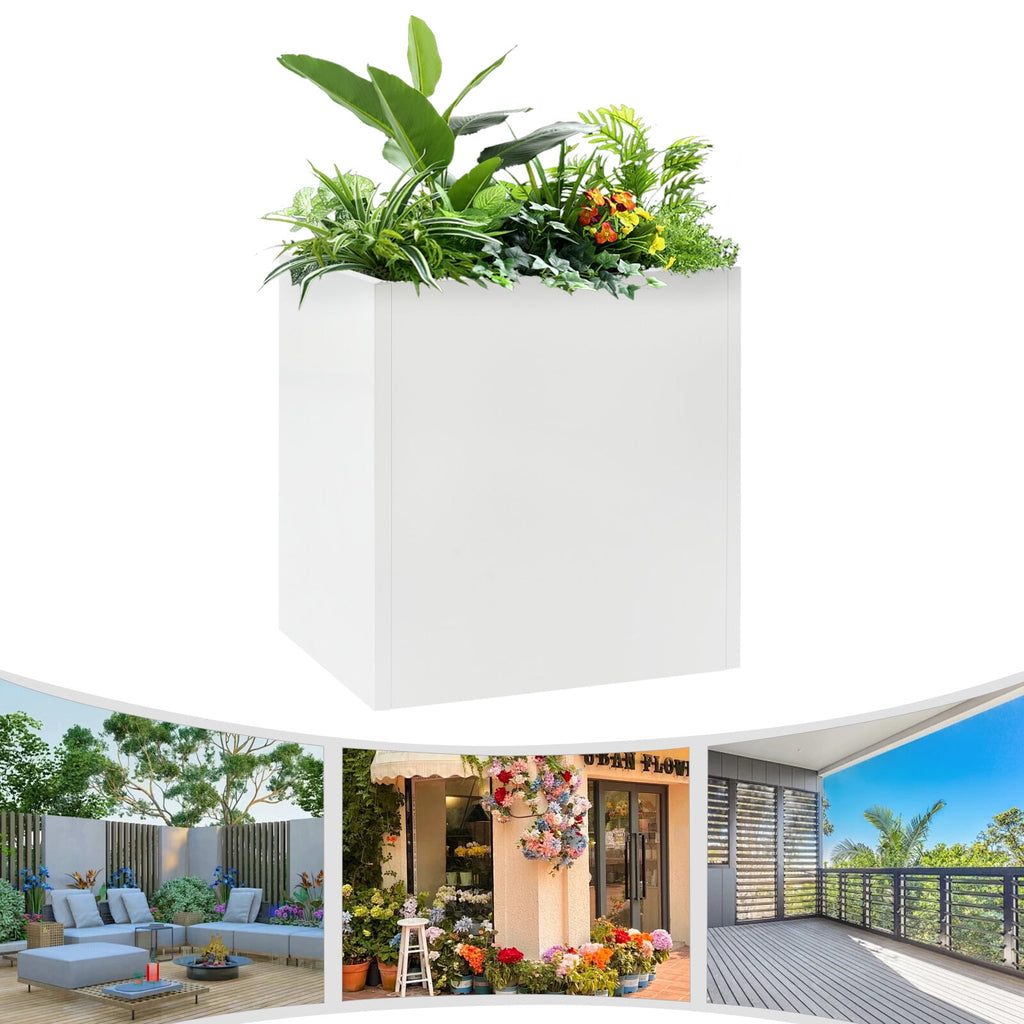 Tall Metal Planter Box for Outdoor/Indoor Use, 24*10*24 Inches Large Rectangular Flowerpot With Practical Tool, Free Standing for Office and Gardens (White)