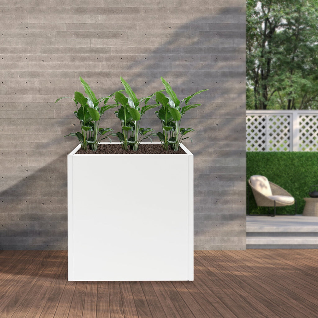 Tall Metal Planter Box for Outdoor/Indoor Use, 24*10*24 Inches Large Rectangular Flowerpot With Practical Tool, Free Standing for Office and Gardens (White)