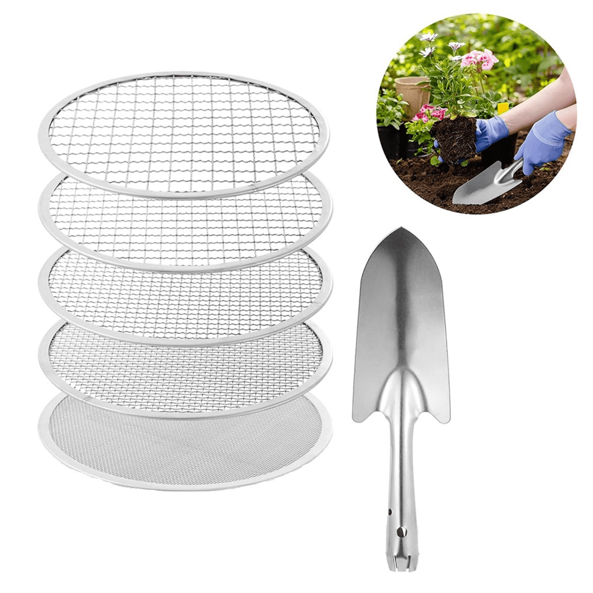 Soil Sifter Stainless Steel Riddle Sieve Set for Gardening with 5 Sizes 8in Diamet Stainless steel6397