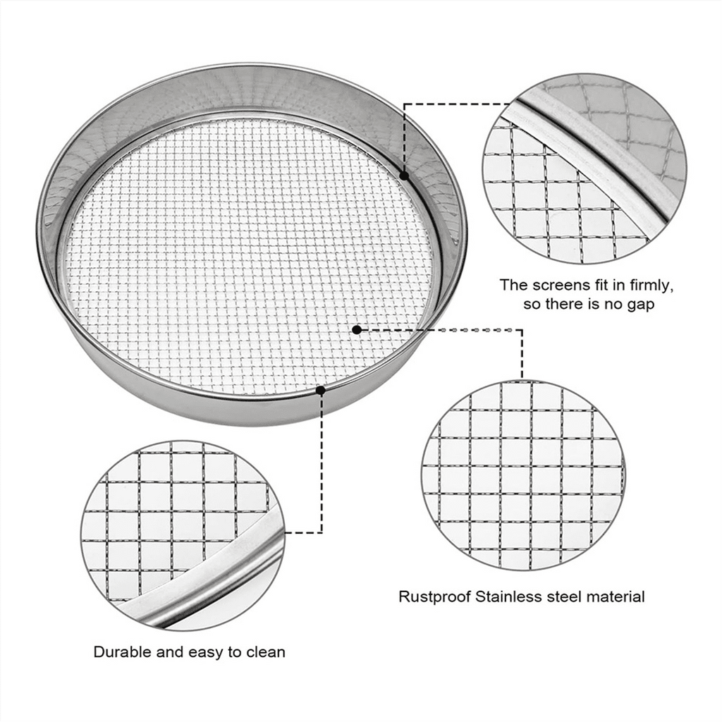 Soil Sifter Stainless Steel Riddle Sieve Set for Gardening with 5 Sizes 8in Diamet Stainless steel6397