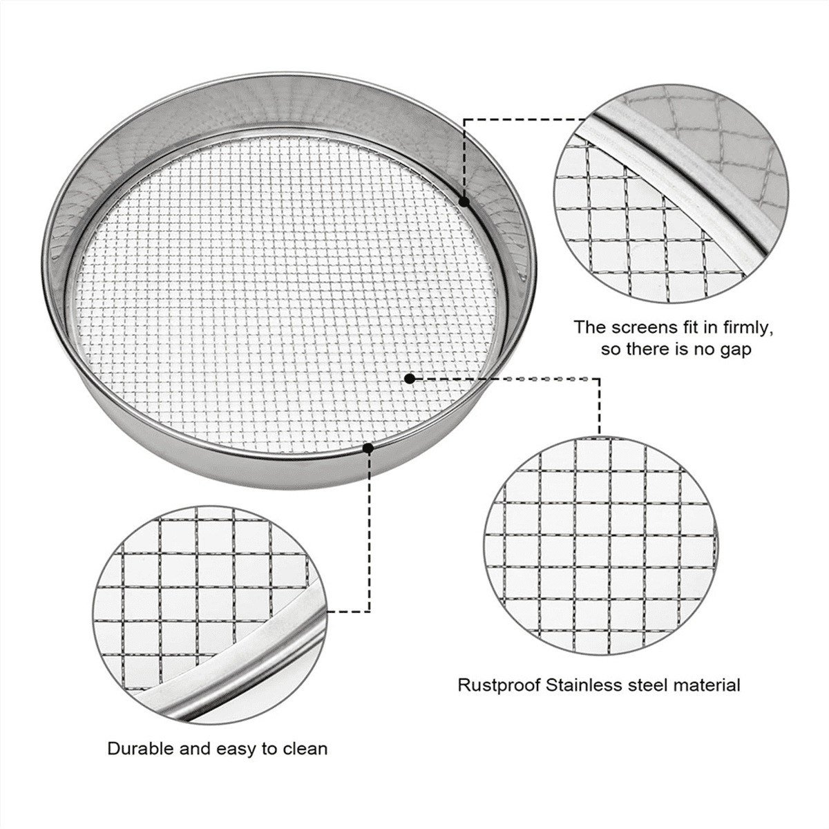 Soil Sifter Stainless Steel Riddle Sieve Set for Gardening with 5 Sizes 8in Diamet Stainless steel6397