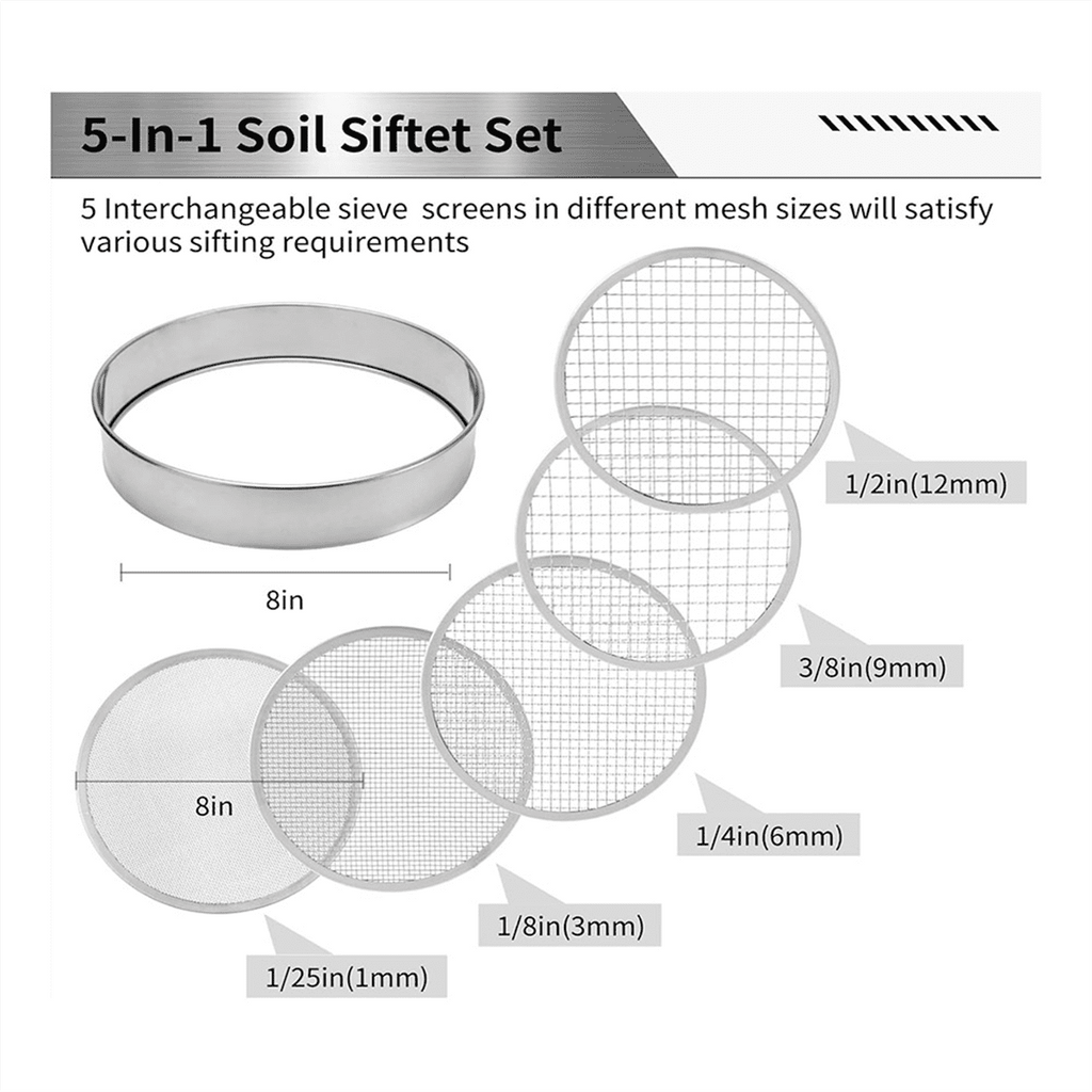 Soil Sifter Stainless Steel Riddle Sieve Set for Gardening with 5 Sizes 8in Diamet Stainless steel6397