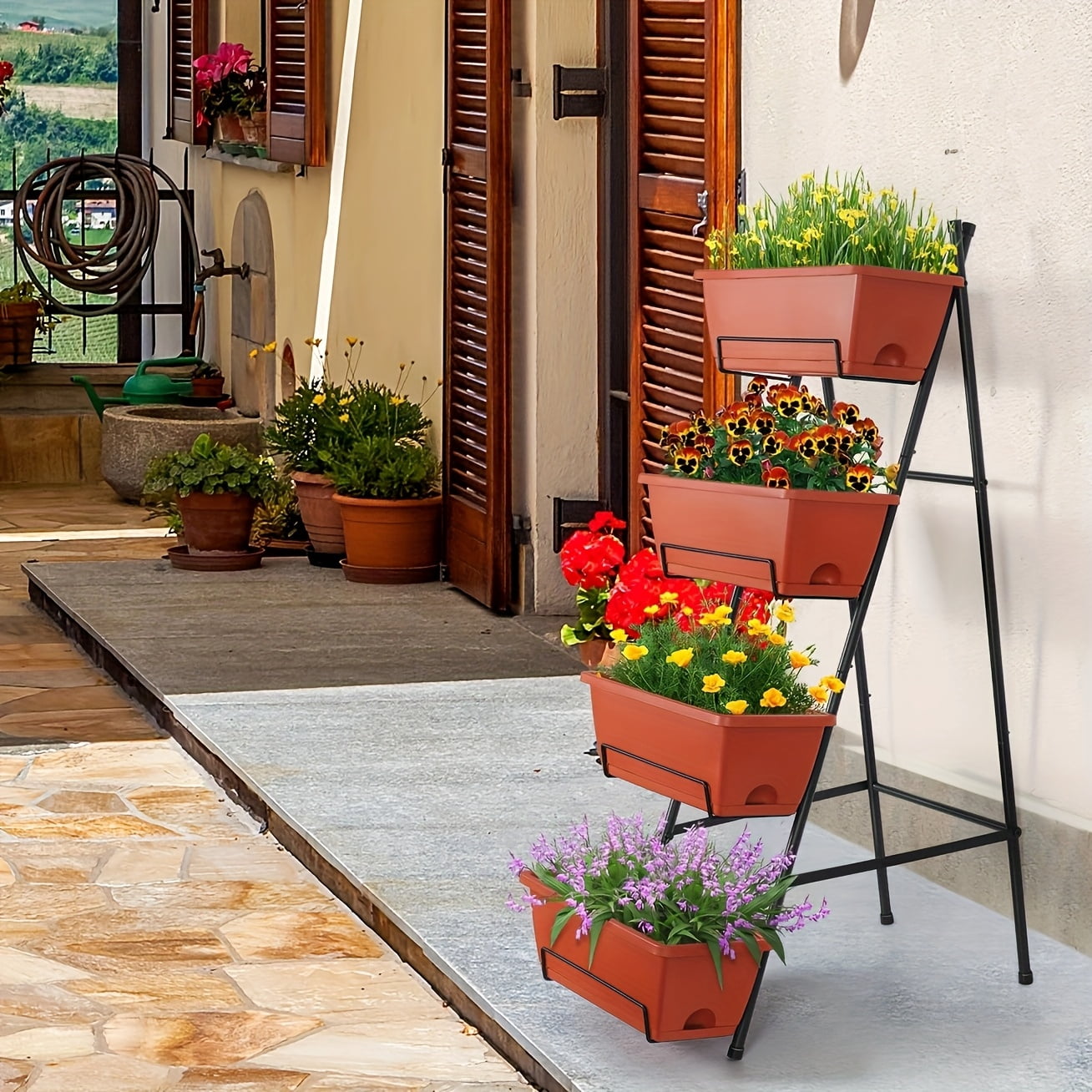 3/4/5-Tier Tall Raised Garden Planter Bed with Legs &amp; Drainage Holes, Vertical Garden Bed with 4 Plastic Cultivation Boxes for Indoor &amp; Outdoor Use