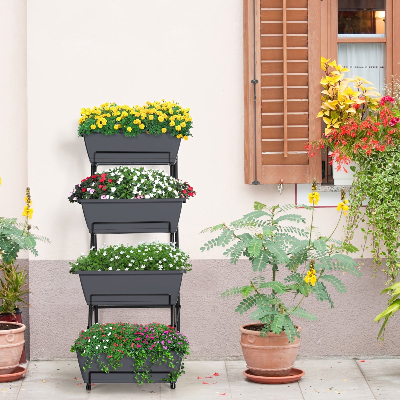 3/4/5-Tier Tall Raised Garden Planter Bed with Legs &amp; Drainage Holes, Vertical Garden Bed with 4 Plastic Cultivation Boxes for Indoor &amp; Outdoor Use