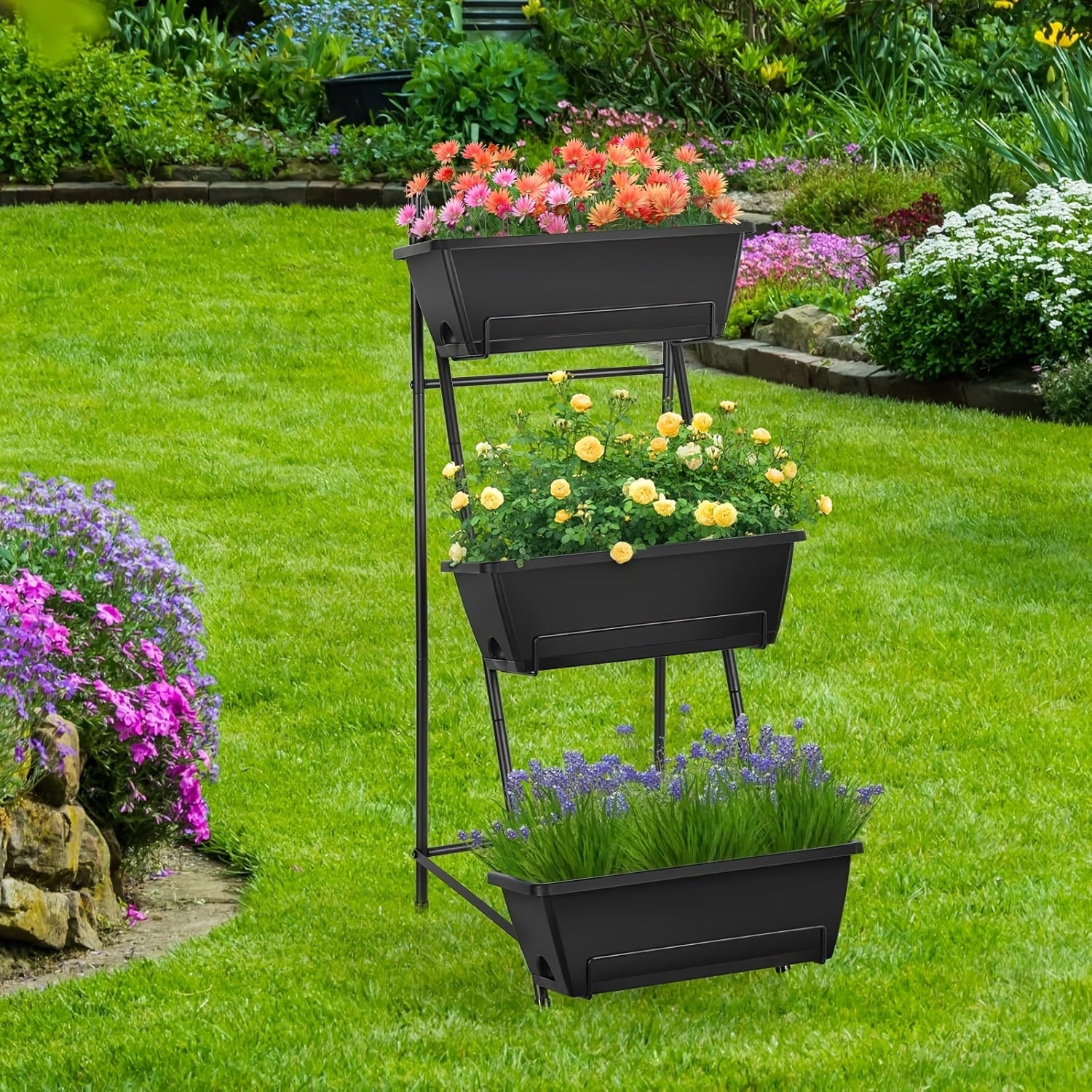 3/4/5-Tier Tall Raised Garden Planter Bed with Legs &amp; Drainage Holes, Vertical Garden Bed with 4 Plastic Cultivation Boxes for Indoor &amp; Outdoor Use