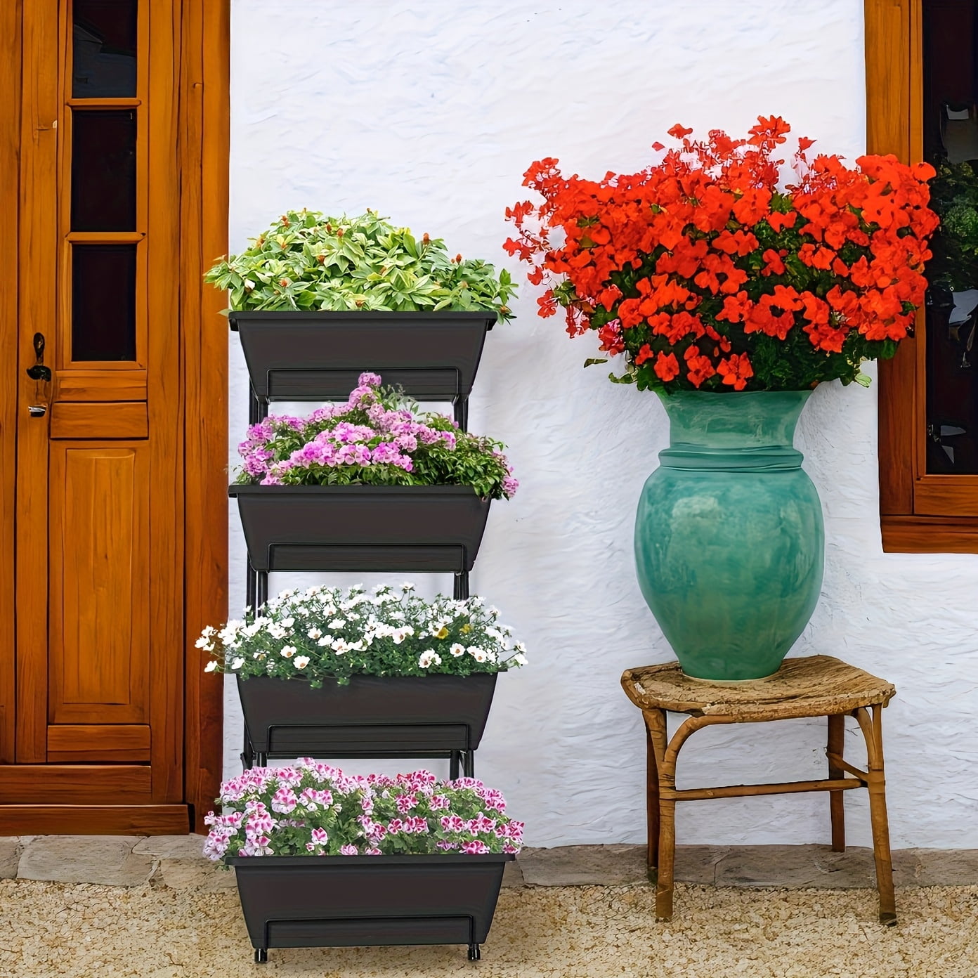 3/4/5-Tier Tall Raised Garden Planter Bed with Legs &amp; Drainage Holes, Vertical Garden Bed with 4 Plastic Cultivation Boxes for Indoor &amp; Outdoor Use