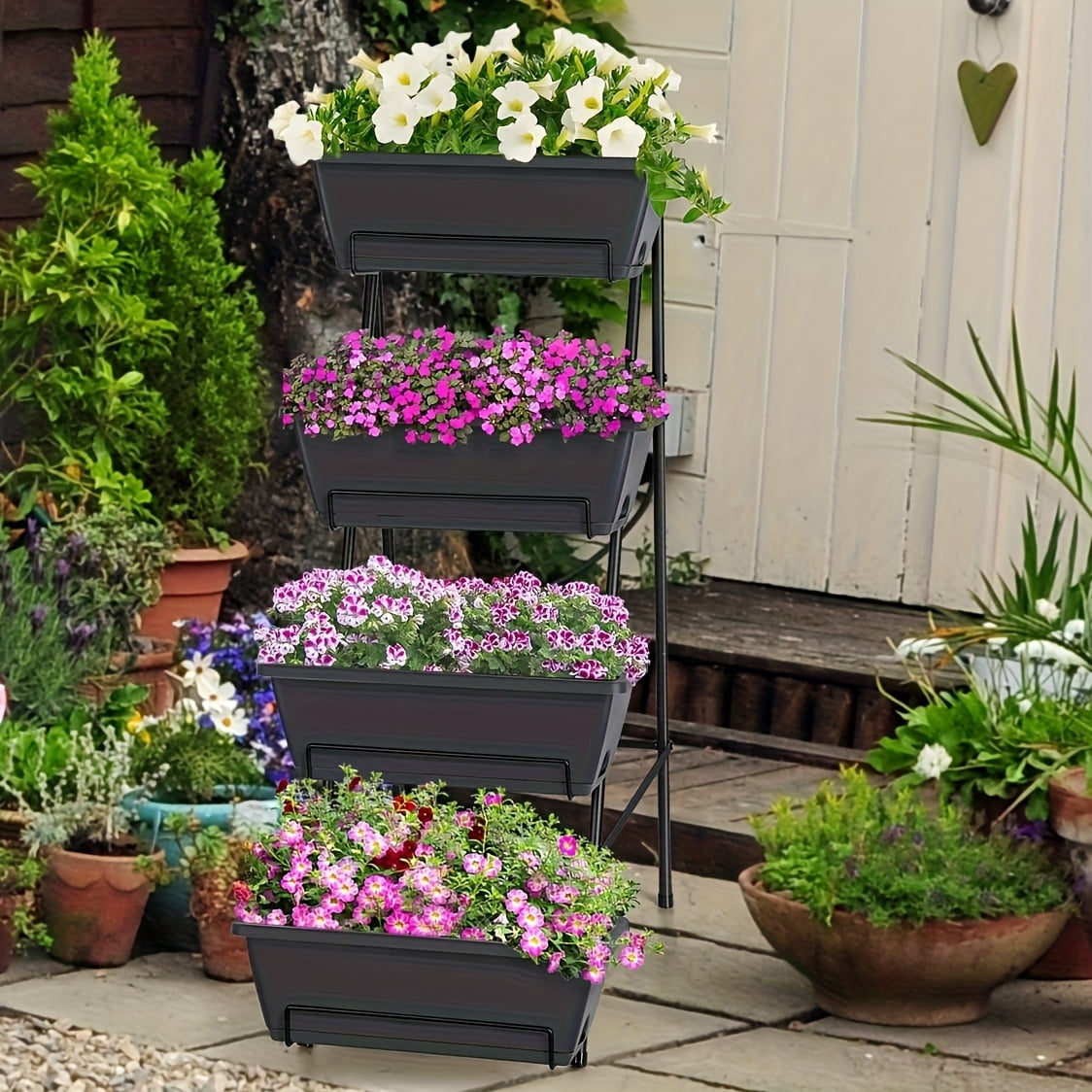 3/4/5-Tier Tall Raised Garden Planter Bed with Legs &amp; Drainage Holes, Vertical Garden Bed with 4 Plastic Cultivation Boxes for Indoor &amp; Outdoor Use