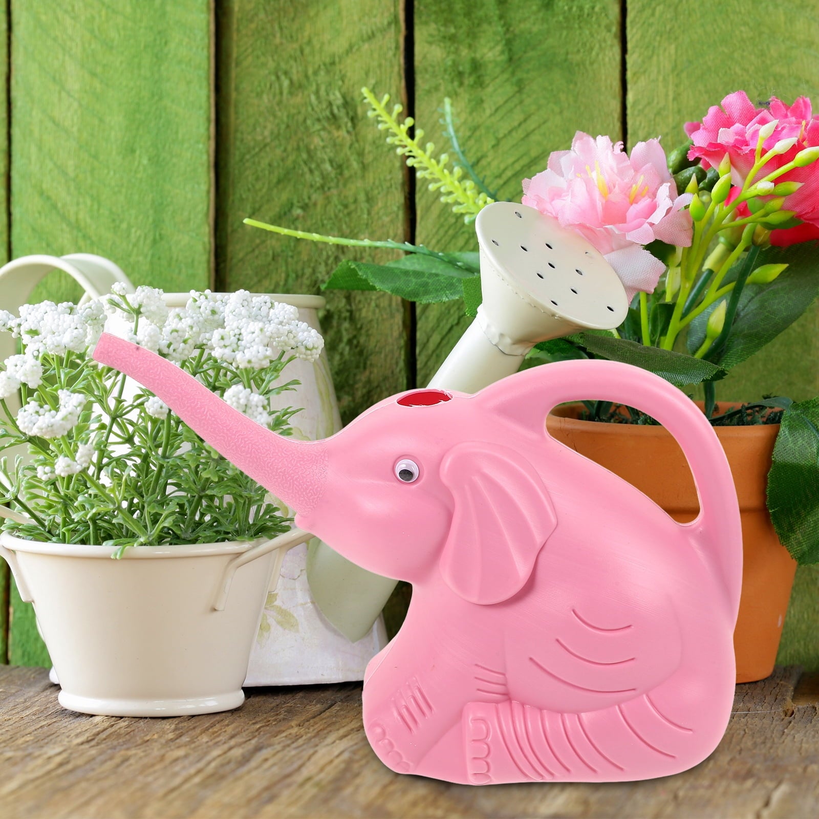 2 Lovely Pink Plastic Watering Cans with Long Spout for Gardening Use