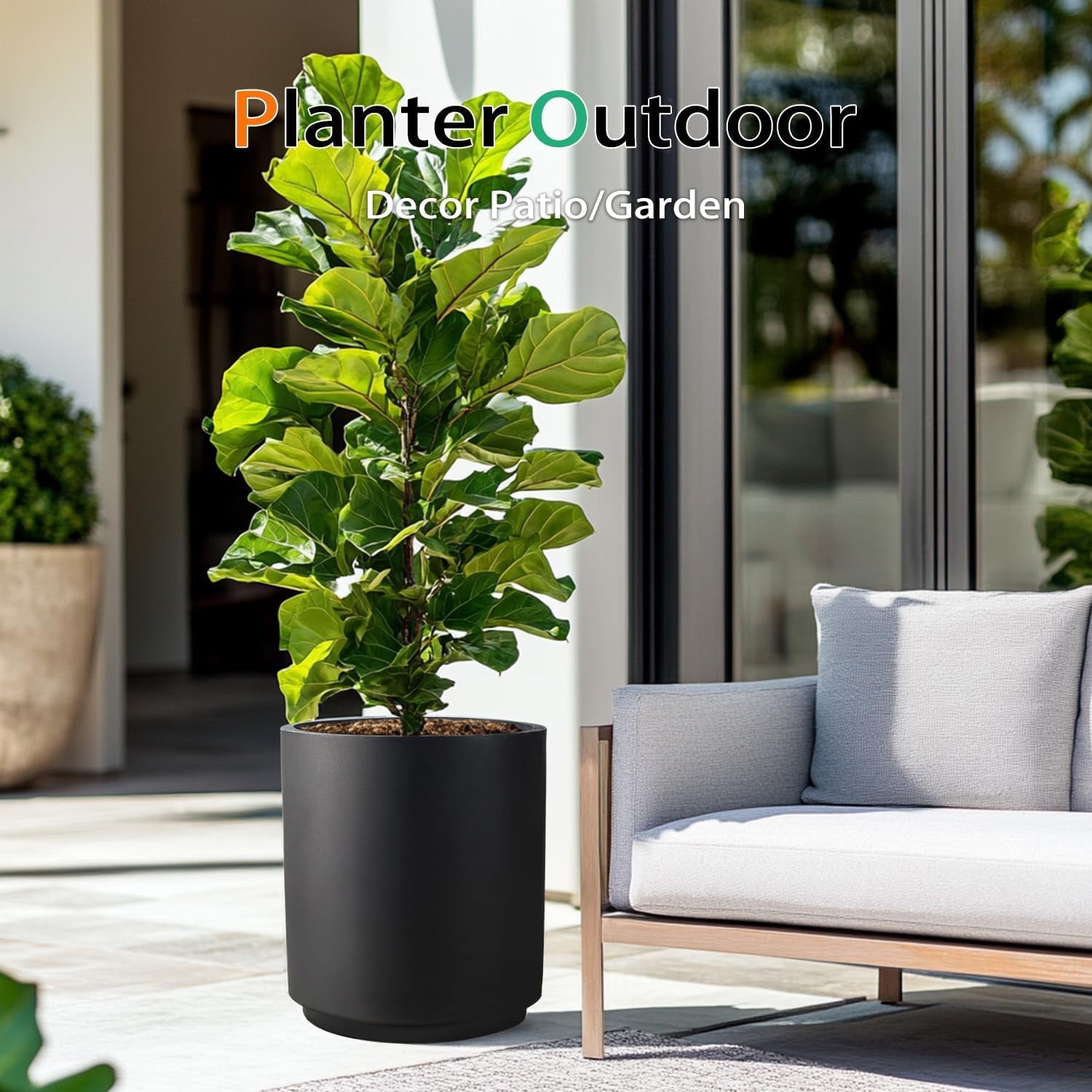 Round Concrete Planter Outdoor Indoor, Large Cement Plant Pots for Flowers (Black, 16 inch)
