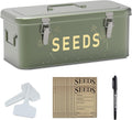 Seed Storage Organizer, Metal Seed Saving Box with Lid, Seed Bin with 30 Plant Labels 30 Seed Envelopes 1 Marker Pens, 4 Compartments Box with Safety Locks, Blackish Green