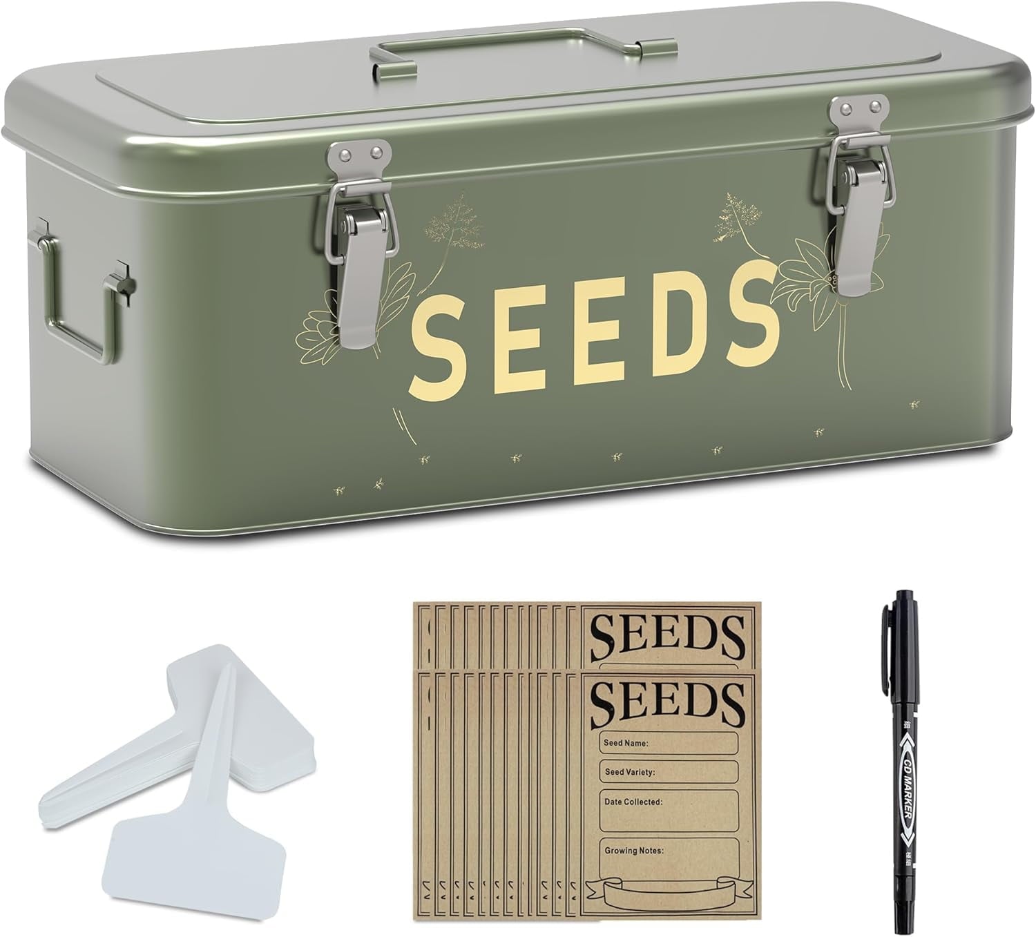Seed Storage Organizer, Metal Seed Saving Box with Lid, Seed Bin with 30 Plant Labels 30 Seed Envelopes 1 Marker Pens, 4 Compartments Box with Safety Locks, Blackish Green