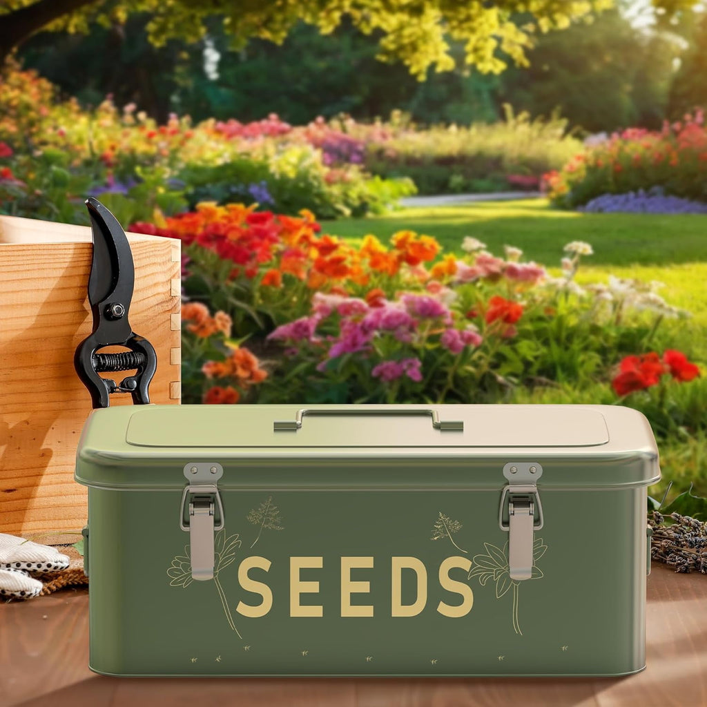 Seed Storage Organizer, Metal Seed Saving Box with Lid, Seed Bin with 30 Plant Labels 30 Seed Envelopes 1 Marker Pens, 4 Compartments Box with Safety Locks, Blackish Green