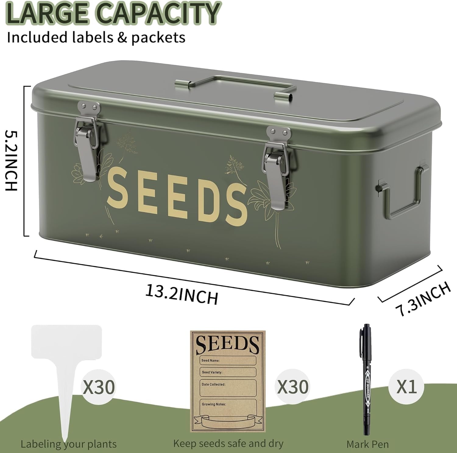 Seed Storage Organizer, Metal Seed Saving Box with Lid, Seed Bin with 30 Plant Labels 30 Seed Envelopes 1 Marker Pens, 4 Compartments Box with Safety Locks, Blackish Green