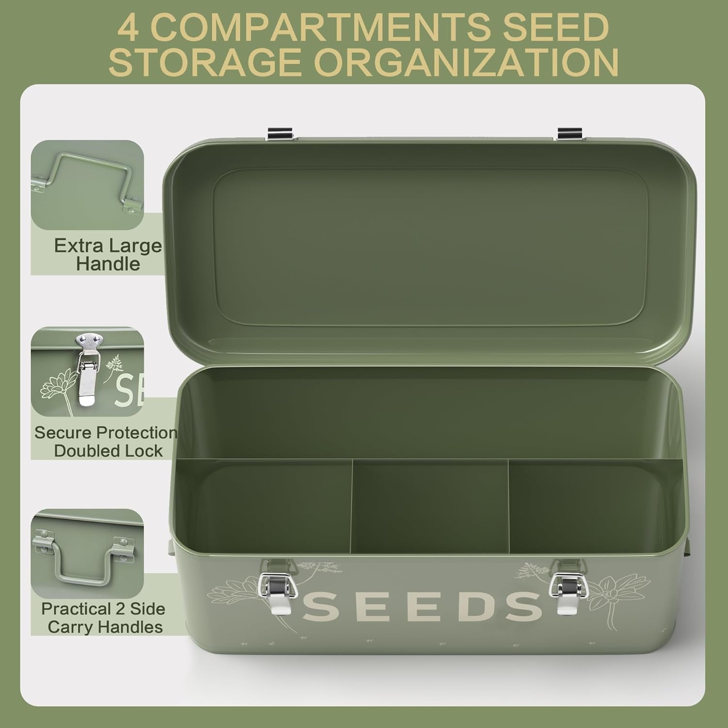 Seed Storage Organizer, Metal Seed Saving Box with Lid, Seed Bin with 30 Plant Labels 30 Seed Envelopes 1 Marker Pens, 4 Compartments Box with Safety Locks, Blackish Green