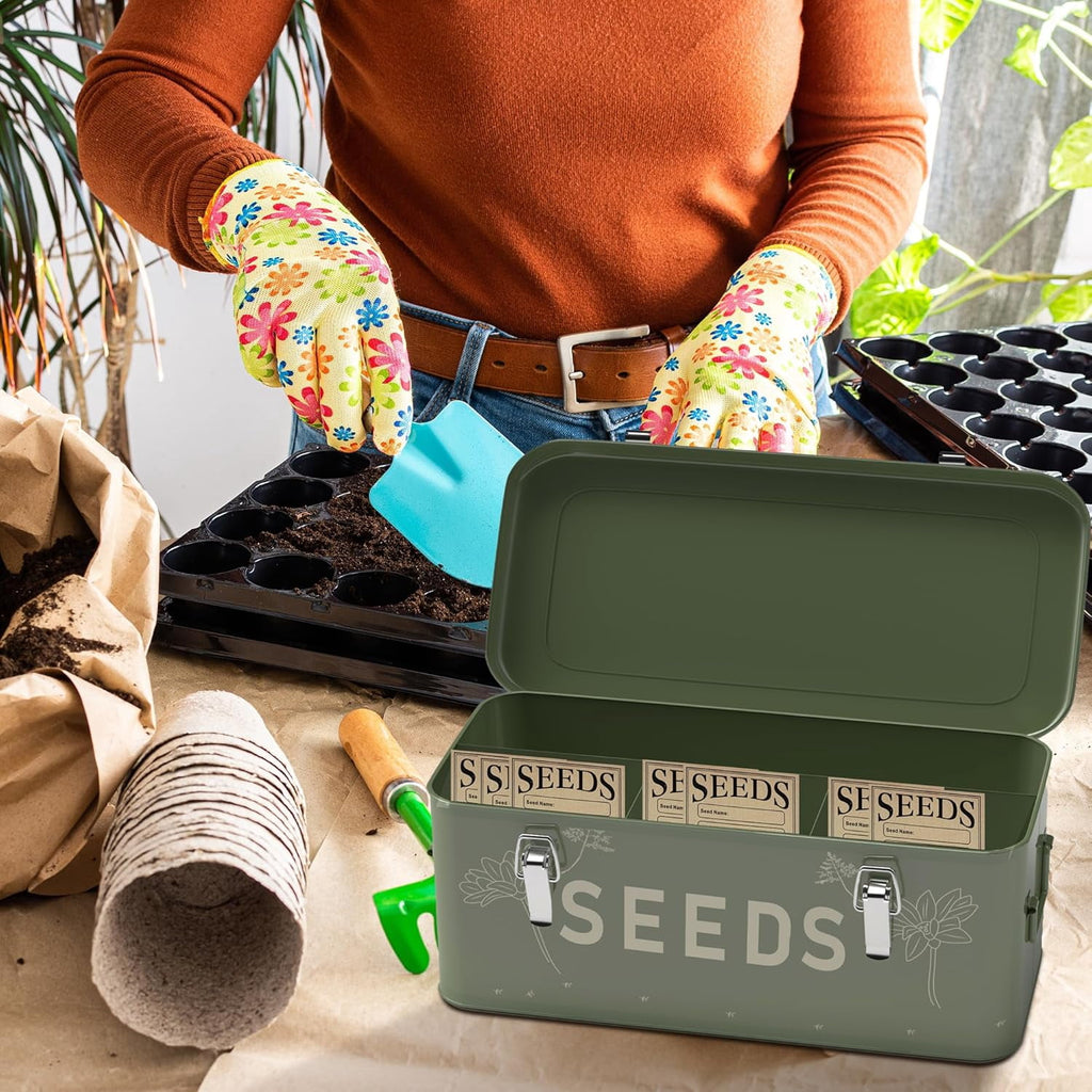 Seed Storage Organizer, Metal Seed Saving Box with Lid, Seed Bin with 30 Plant Labels 30 Seed Envelopes 1 Marker Pens, 4 Compartments Box with Safety Locks, Blackish Green
