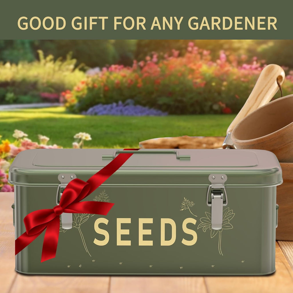 Seed Storage Organizer, Metal Seed Saving Box with Lid, Seed Bin with 30 Plant Labels 30 Seed Envelopes 1 Marker Pens, 4 Compartments Box with Safety Locks, Blackish Green