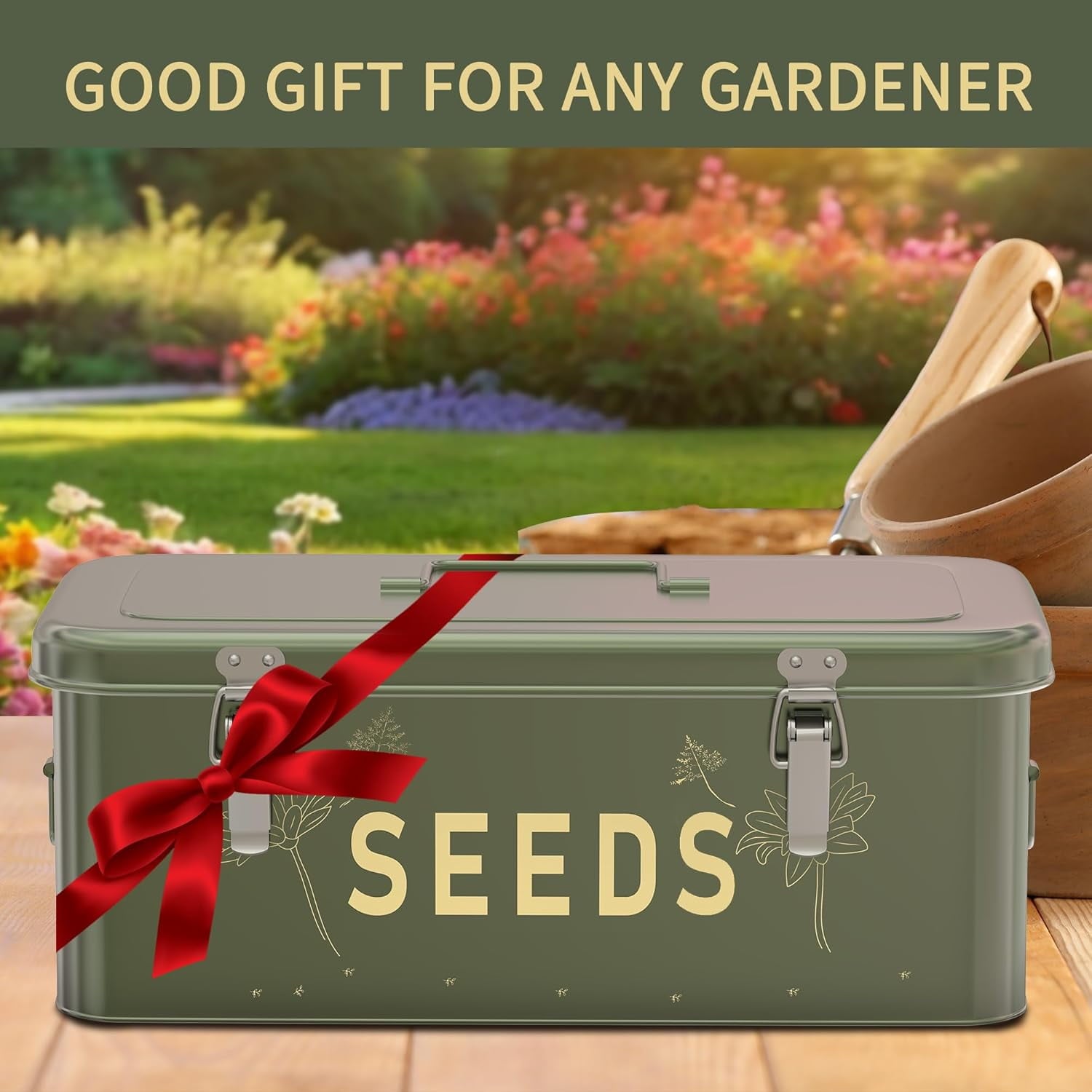 Seed Storage Organizer, Metal Seed Saving Box with Lid, Seed Bin with 30 Plant Labels 30 Seed Envelopes 1 Marker Pens, 4 Compartments Box with Safety Locks, Blackish Green