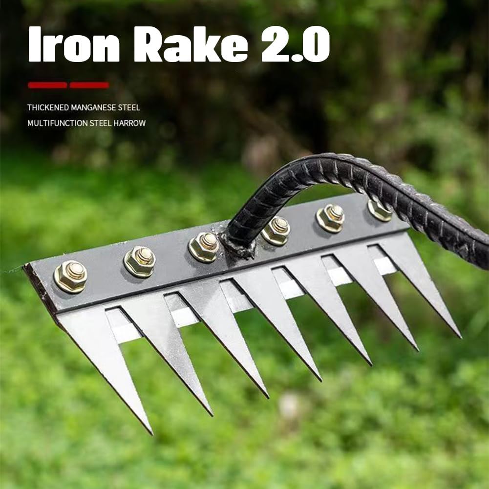Iron Rake 2.0 - Upgraded Iron Weeding Rake for Gardening and Weeding, Heavy Duty Carbon Steel Rakes with 5/6/7/8 Teeth for Lawn Loosening, Dethatching in Tight Spaces (7 Teeth)