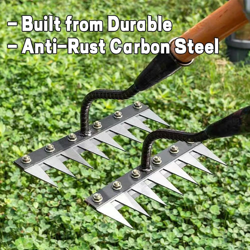 Iron Rake 2.0 - Upgraded Iron Weeding Rake for Gardening and Weeding, Heavy Duty Carbon Steel Rakes with 5/6/7/8 Teeth for Lawn Loosening, Dethatching in Tight Spaces (7 Teeth)