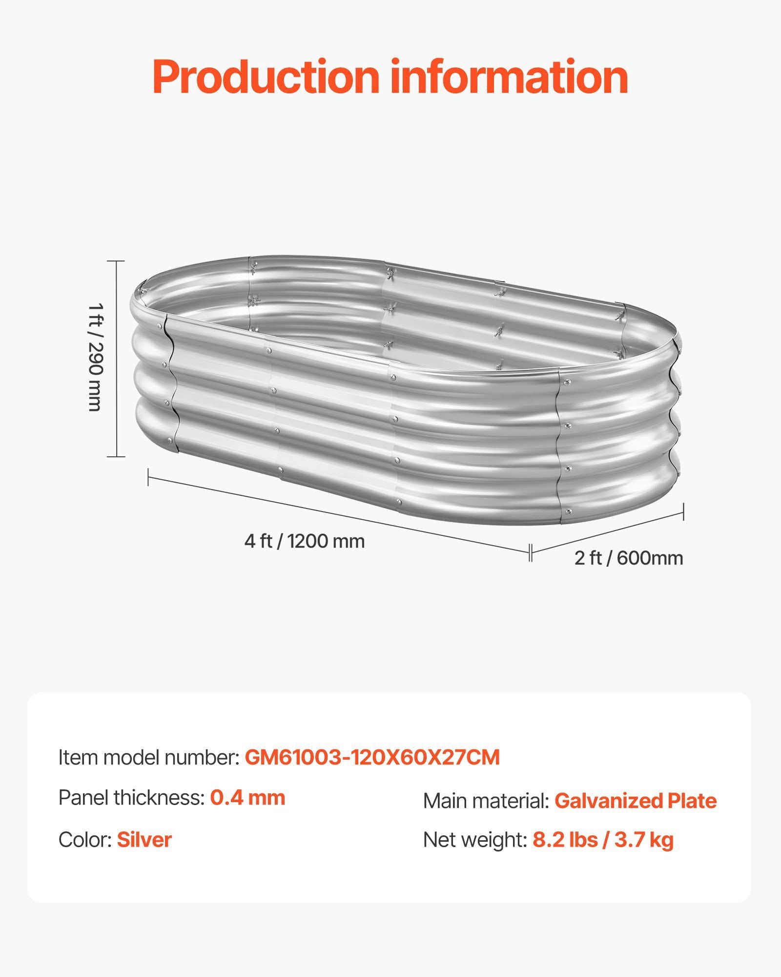 Metal Raised Garden Bed, 4 x 2 x 1 ft Oval Outdoor Galvanized Planter Garden Box, Open Bottom Design, Large Planter Raised Bed for Growing Vegetables, Flowers, and Succulents, Galvanized Color