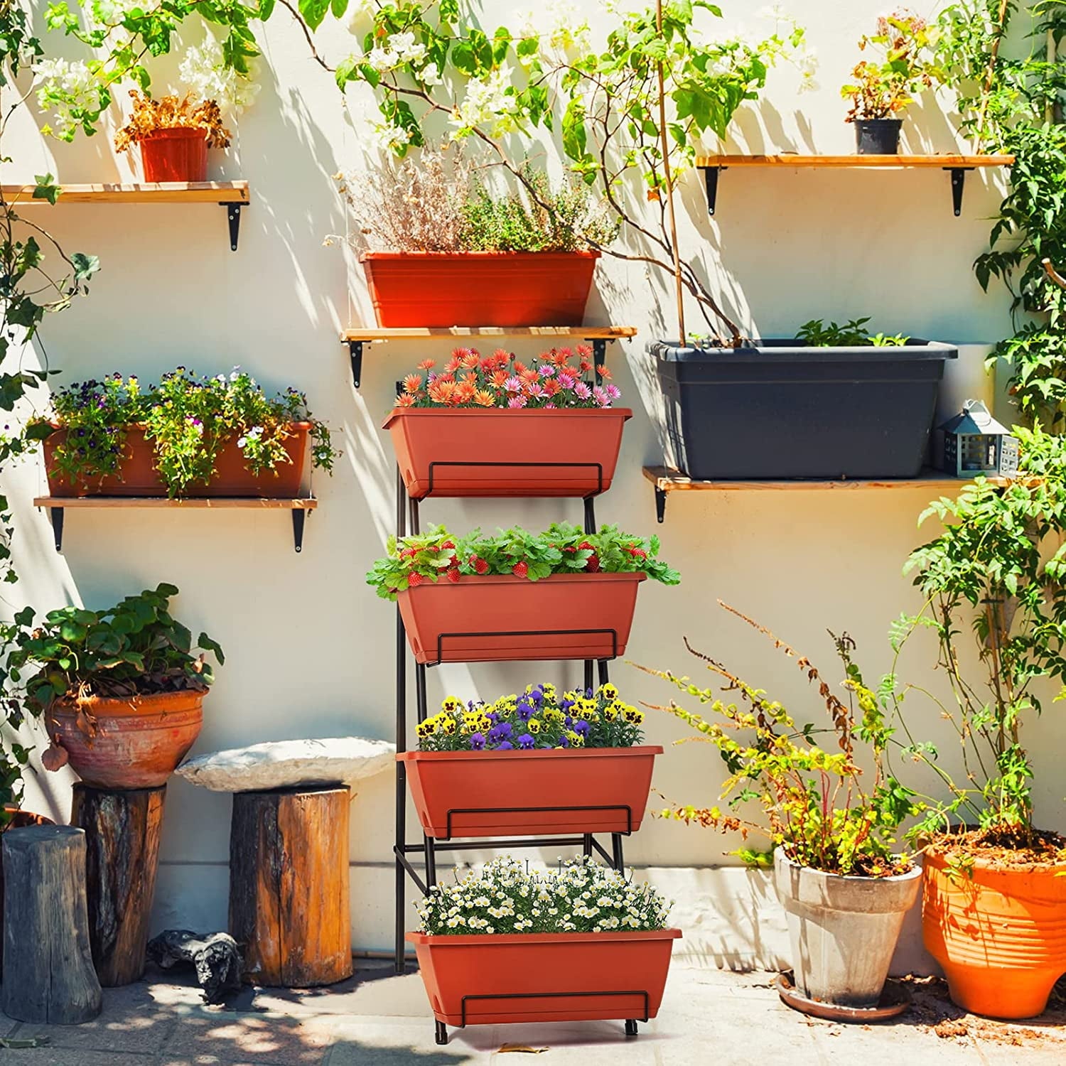 Raised Garden Bed 4 Tier Vertical Garden Planters Indoor Outdoor Raised Planter Box with Legs Elevated Herb Garden Planter for Flowers Vegetables Plants, Green, 16.8 * 18.3 * 41.5 Inches