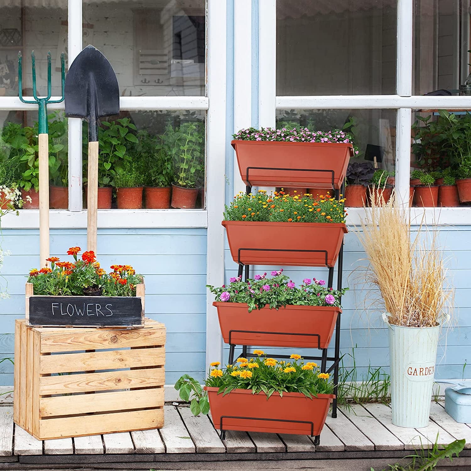 Raised Garden Bed 4 Tier Vertical Garden Planters Indoor Outdoor Raised Planter Box with Legs Elevated Herb Garden Planter for Flowers Vegetables Plants, Green, 16.8 * 18.3 * 41.5 Inches
