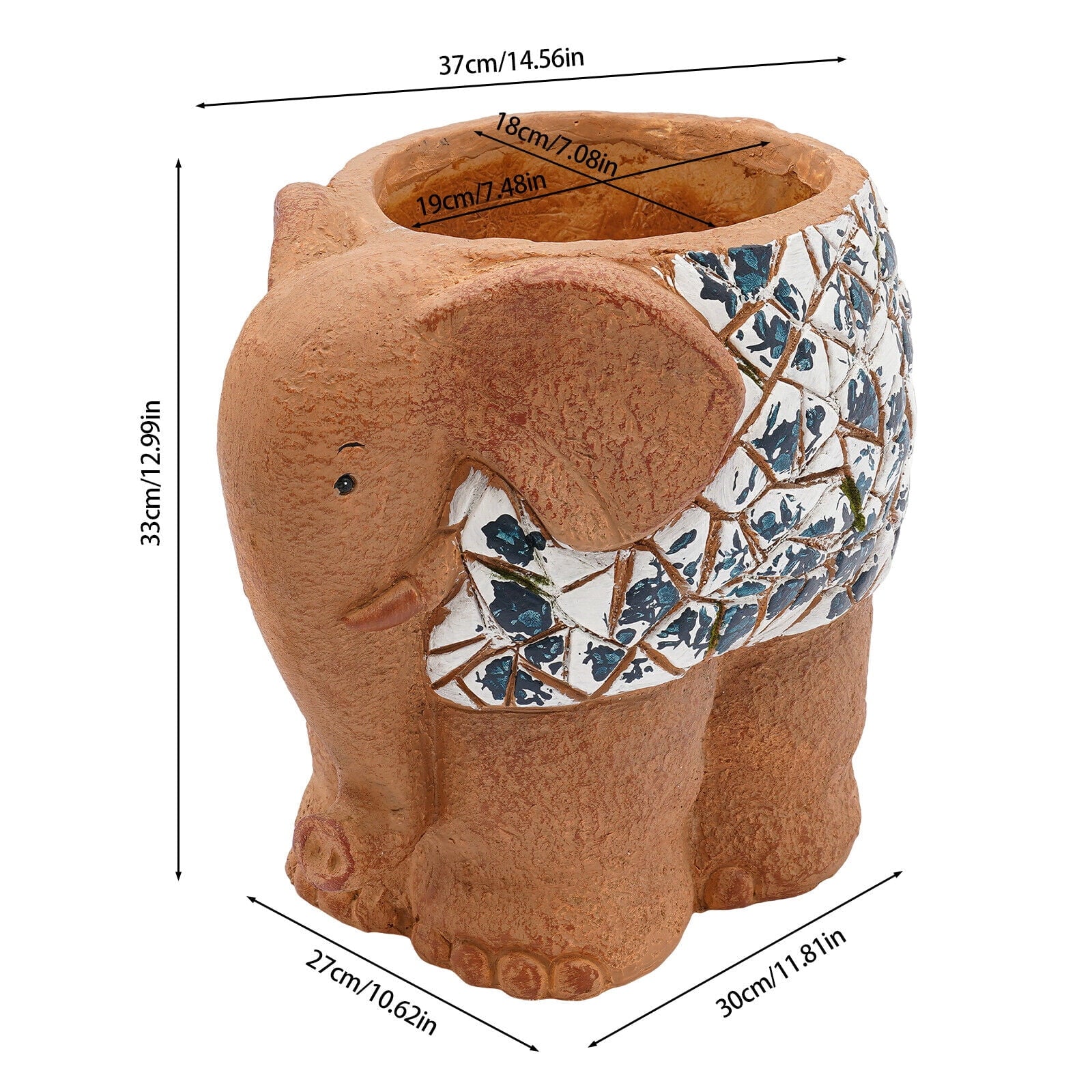 Blue &amp; White Porcelain Elephant Planter - Hand-Painted Magnesium Oxide Flower Pot, Indoor/Outdoor Use (Brown, 50lb Capacity)