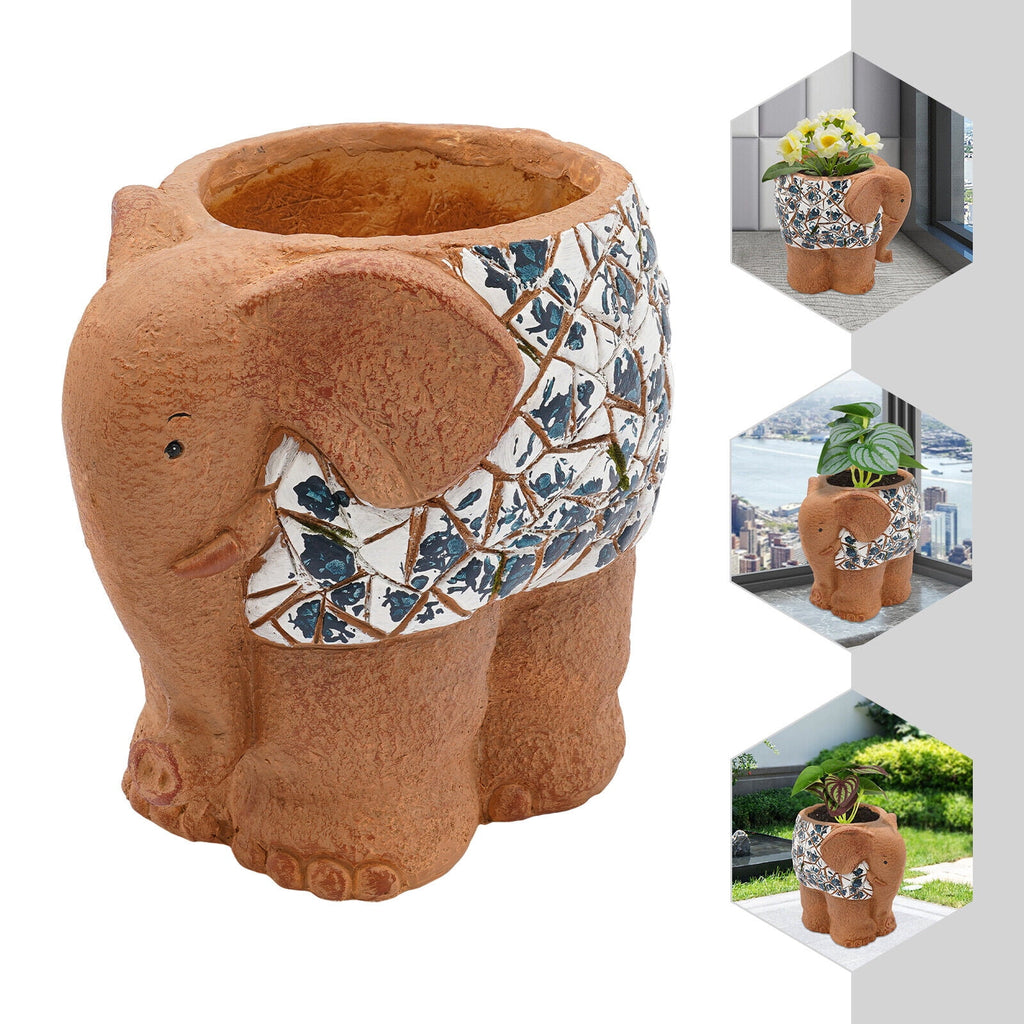 Blue &amp; White Porcelain Elephant Planter - Hand-Painted Magnesium Oxide Flower Pot, Indoor/Outdoor Use (Brown, 50lb Capacity)