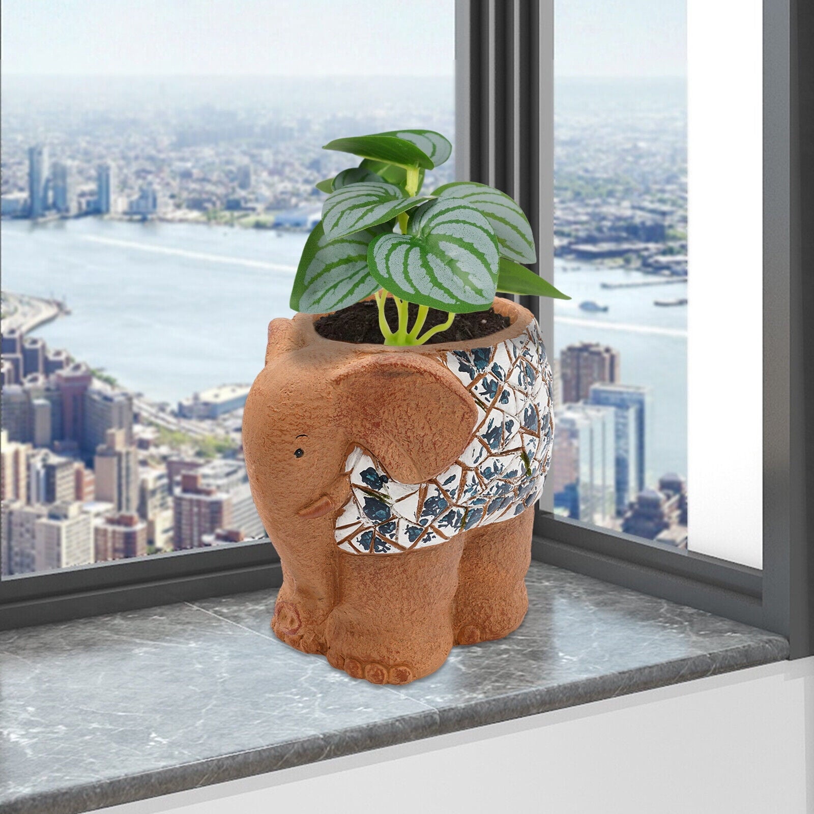 Blue &amp; White Porcelain Elephant Planter - Hand-Painted Magnesium Oxide Flower Pot, Indoor/Outdoor Use (Brown, 50lb Capacity)