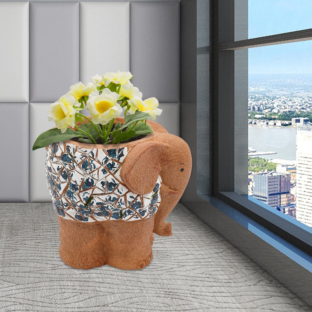 Blue &amp; White Porcelain Elephant Planter - Hand-Painted Magnesium Oxide Flower Pot, Indoor/Outdoor Use (Brown, 50lb Capacity)