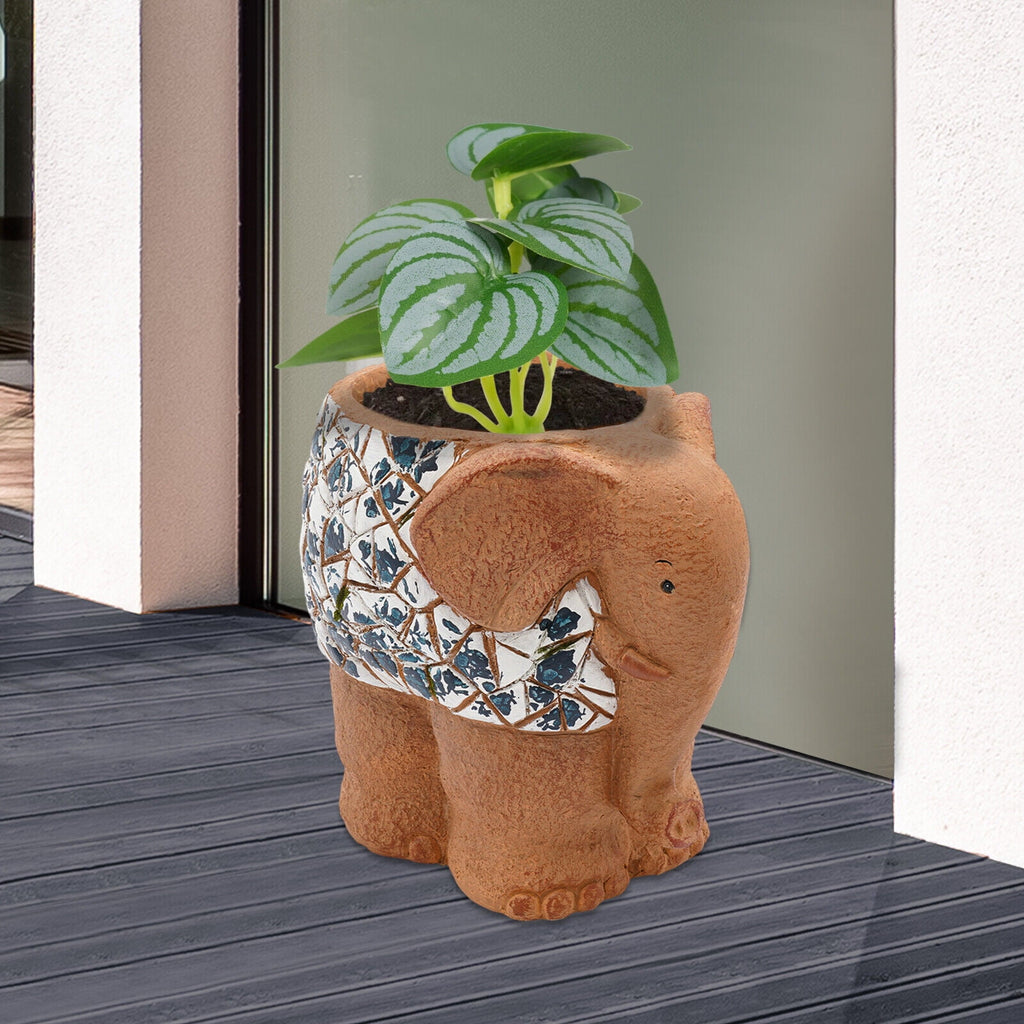 Blue &amp; White Porcelain Elephant Planter - Hand-Painted Magnesium Oxide Flower Pot, Indoor/Outdoor Use (Brown, 50lb Capacity)
