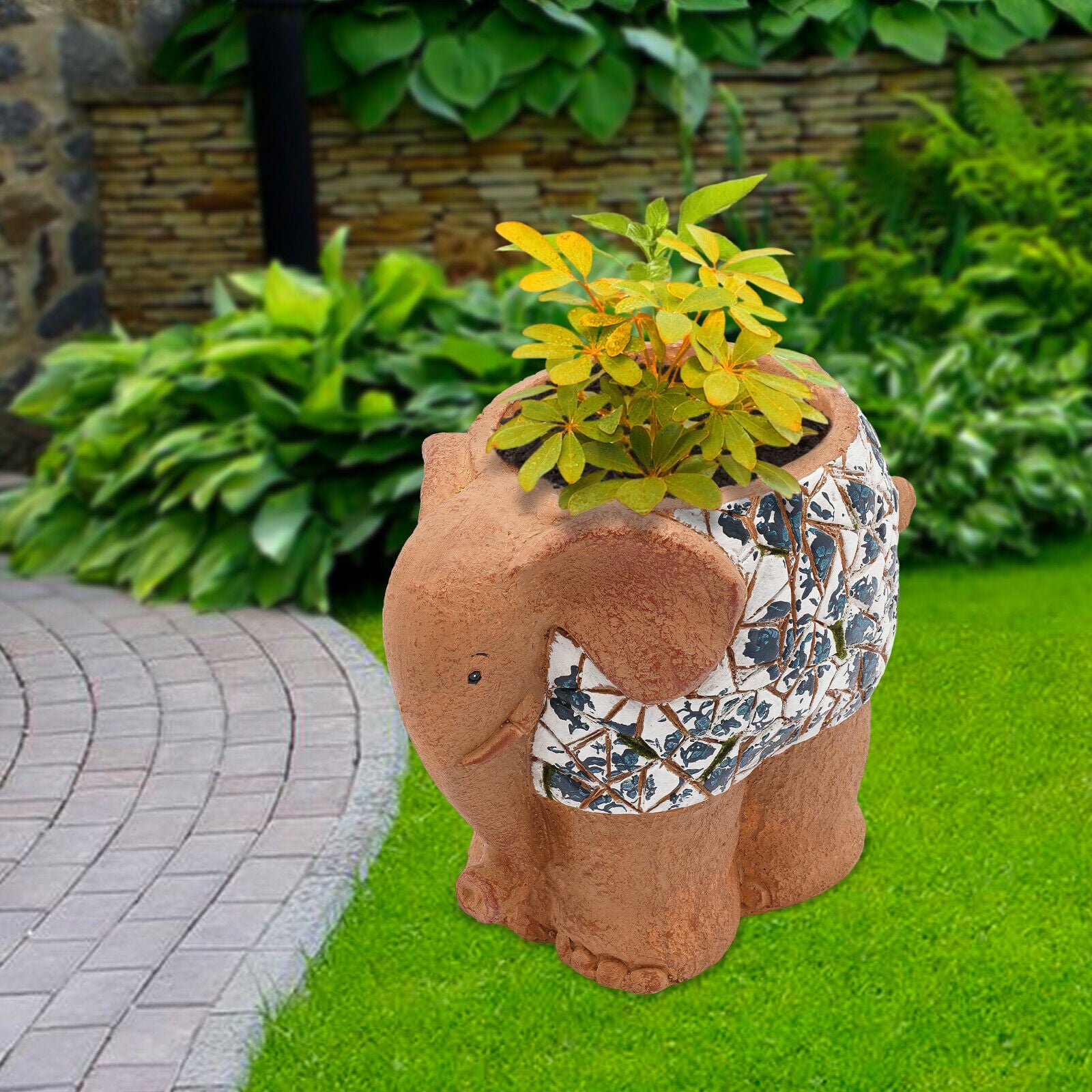 Blue &amp; White Porcelain Elephant Planter - Hand-Painted Magnesium Oxide Flower Pot, Indoor/Outdoor Use (Brown, 50lb Capacity)