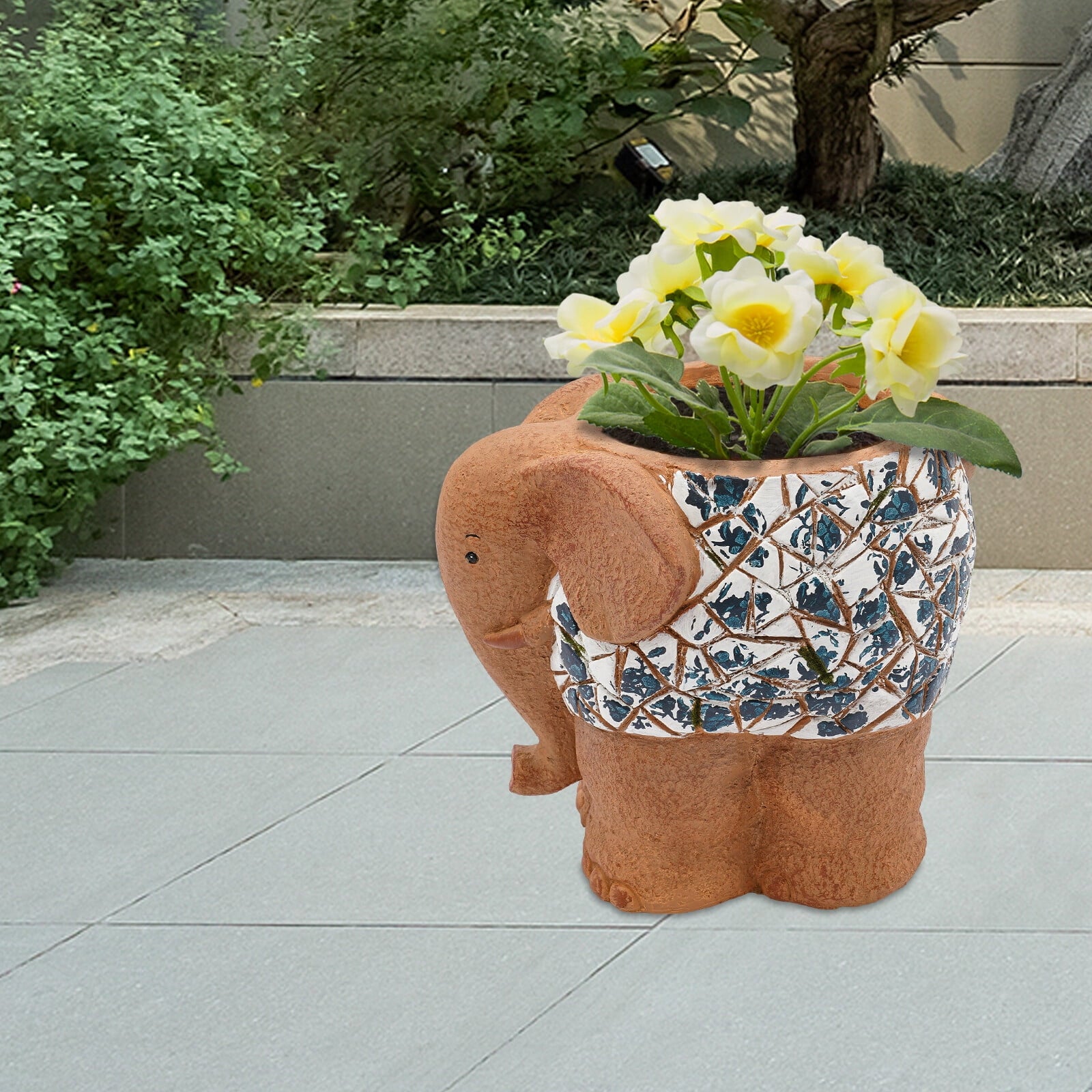 Blue &amp; White Porcelain Elephant Planter - Hand-Painted Magnesium Oxide Flower Pot, Indoor/Outdoor Use (Brown, 50lb Capacity)