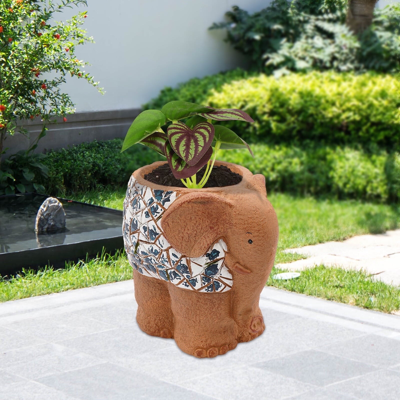Blue &amp; White Porcelain Elephant Planter - Hand-Painted Magnesium Oxide Flower Pot, Indoor/Outdoor Use (Brown, 50lb Capacity)