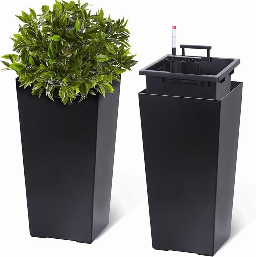 22" Tall Planter Set of 2,Heavy Duty Tall Planter,High Front Porch Planter Pots with Drainage Holes＆Water Level Monitor＆Inner Bucket, Automatic Watering,Indoor/Outdoor,Black